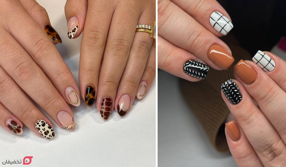 طرح ناخن پاییزی | 30 ایده جدید و ترند مینیمال و شیک 1404 5 طرح ناخن پاییزی برای پوست سبزه