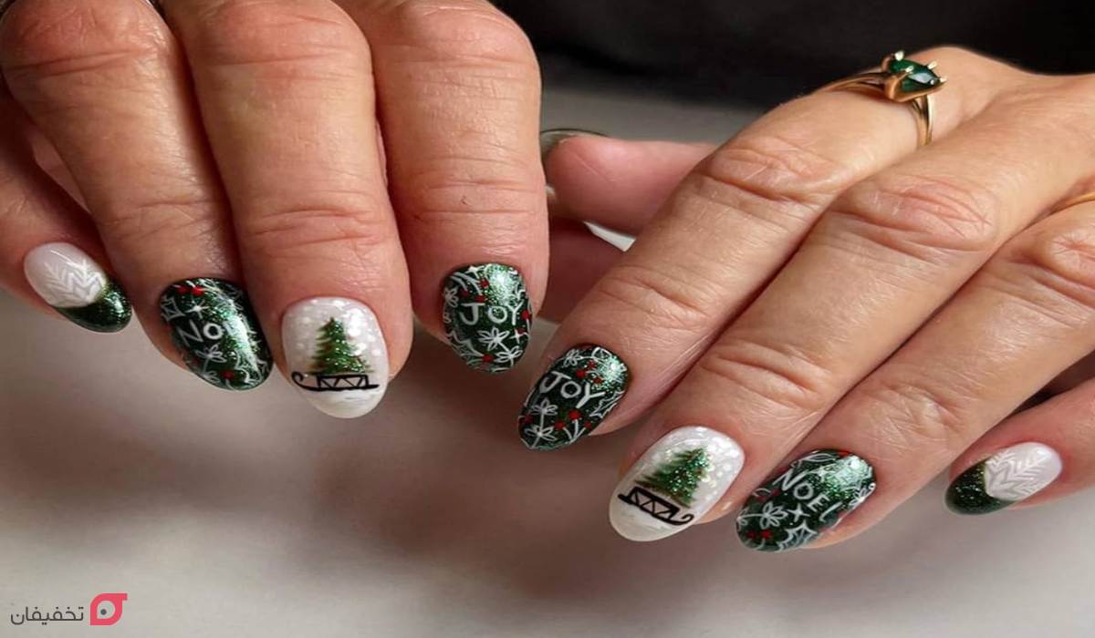 طرح ناخن کریسمس | عکس 22 مدل شیک و ساده جدید 2026 14 طرح ناخن درخت کریسمس